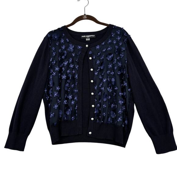 Karl Lagerfeld Paris Cardigan Sweater Size L Blue Sheer Front 3D Flowers - Picture 1 of 12